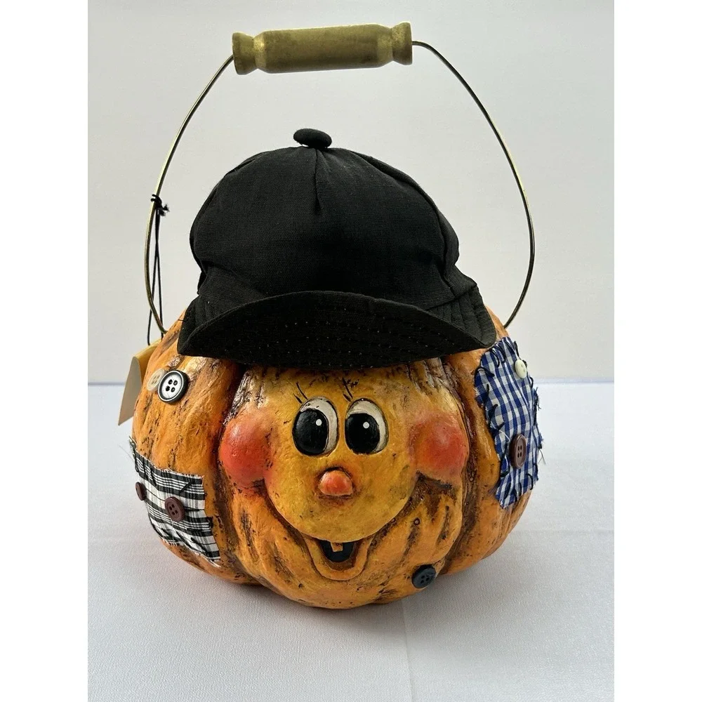 Cracker Barrel Halloween Pumpkin Candy Bucket Basket Folk Art Decor w/ Tag